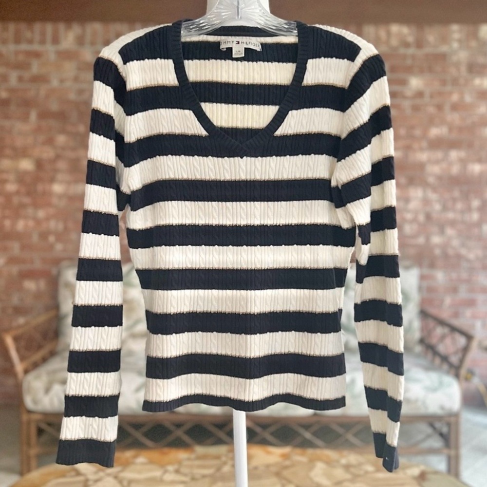 Tommy Hilfiger Sweater Cableknit Striped Blue Ivory Metallic L Nautical Fitted